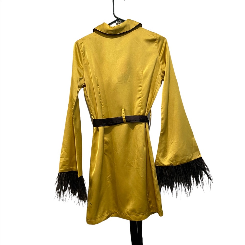 Yellow Satin Feather trimmed dress. Pajama style. New Tags. Sz 2. - Picture 2 of 9